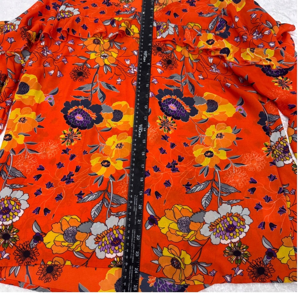 Sunny Leigh Blouse Womens XL Orange Floral Ruffle Bell Sleeve Round Neck Top - Picture 8 of 10